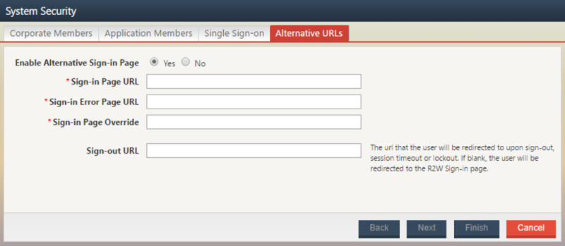Capture of the Report2Web configuration System Security/> Alternative URL's